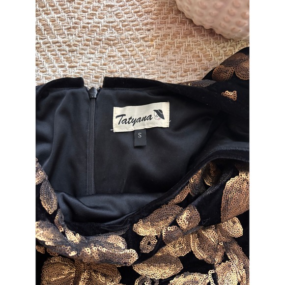 Tatyana Black Velvet Gold Sequin Floral Wiggle Dress Pinup Cocktail Womens Small - Picture 8 of 8